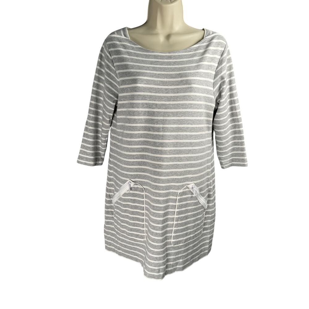 Joan Vass Tunic Top L Heather Gray Stripe Zip Pocket Soft Cotton Cruise Vacation